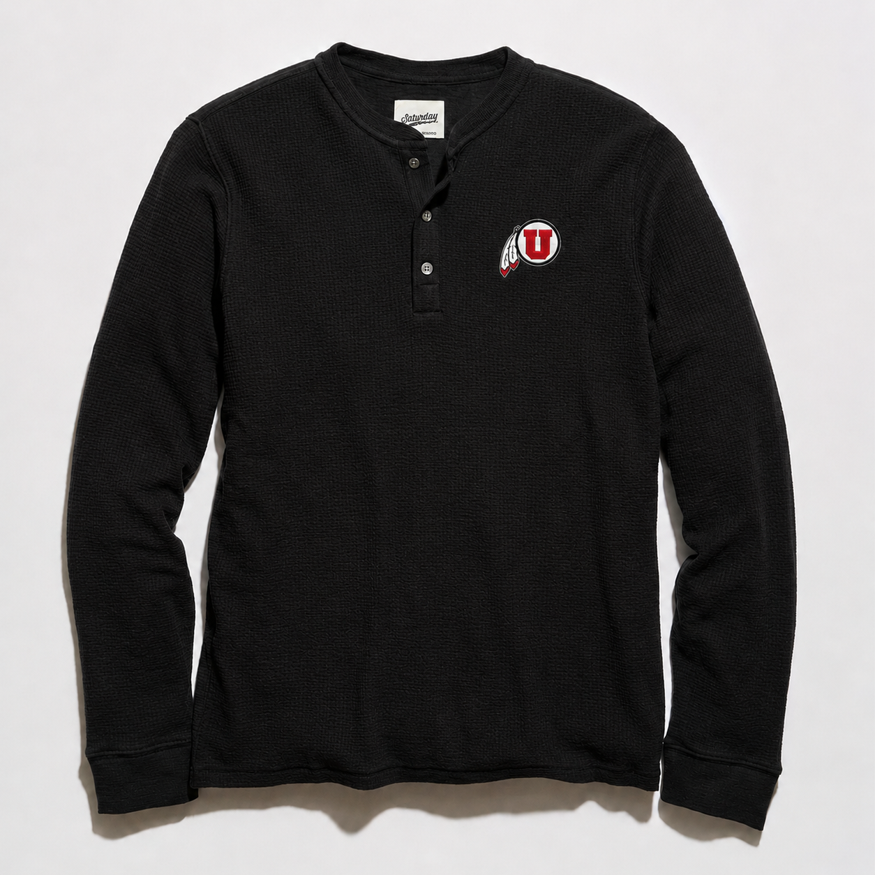 University of Utah Waffle Knit Henley in black, flat lay