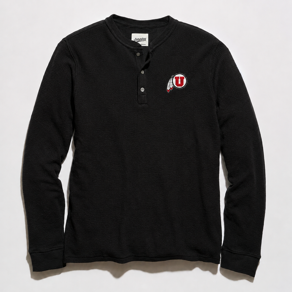 University of Utah Waffle Knit Henley in black, flat lay